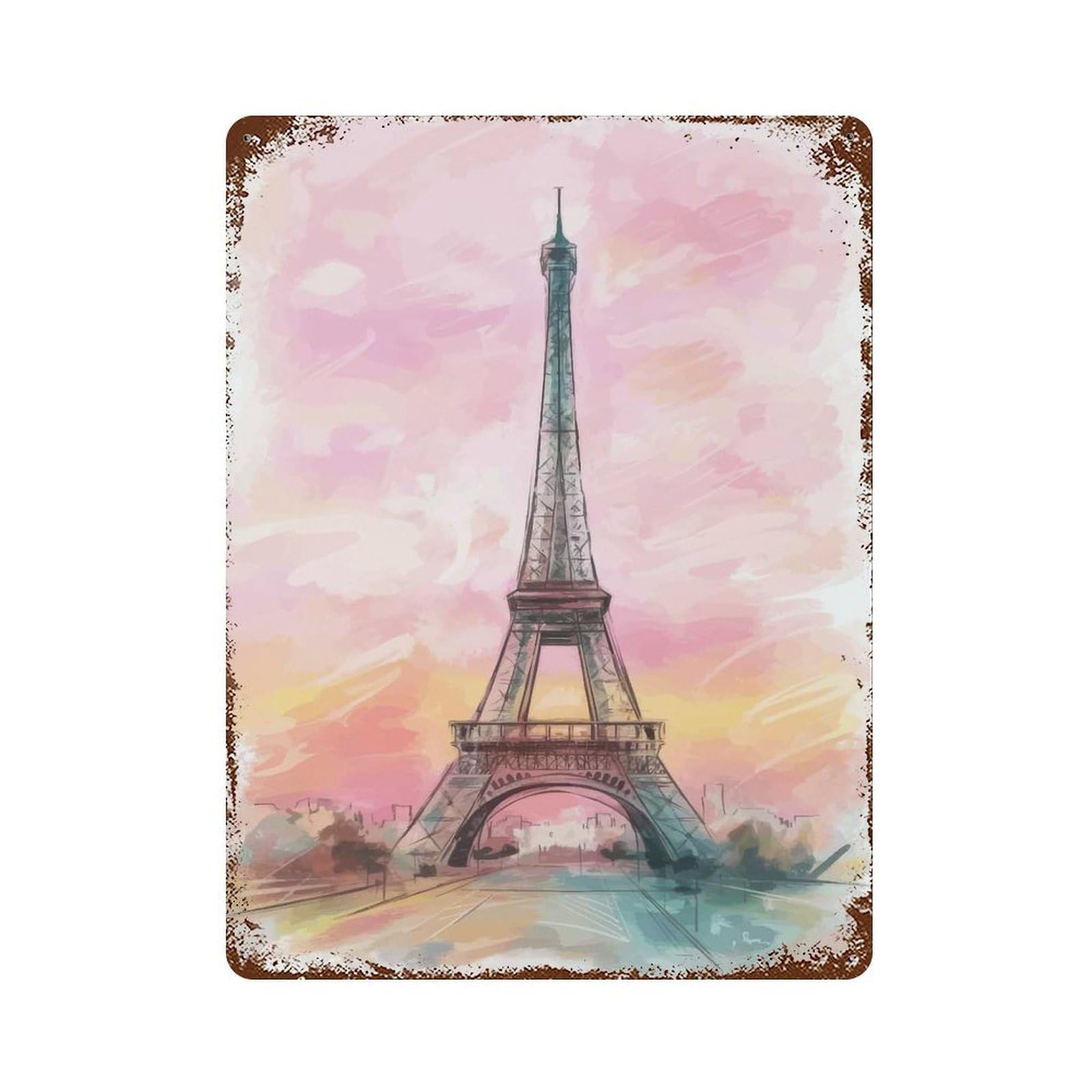 Rusty Metal Tin Sign Eiffel Tower Watercolor 15.7"x11.8", Industrial Home Decor for Patio, Garden Room And Bar Decor