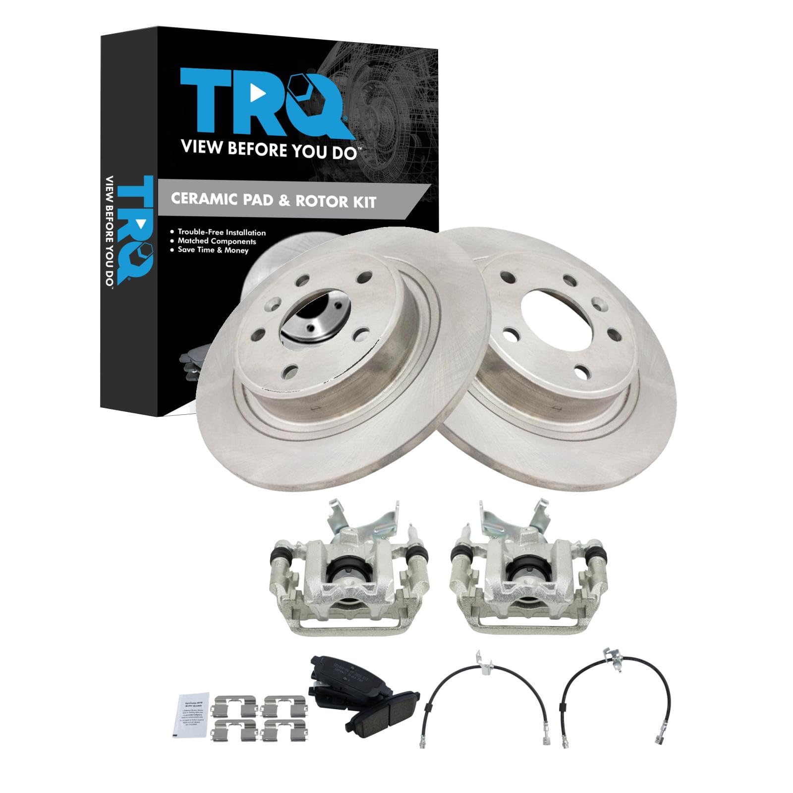 TRQ Rear Brake Pad and Rotor Set Ceramic Rotors Calipers Hoses Compatible with 2012-2017 Buick Verano