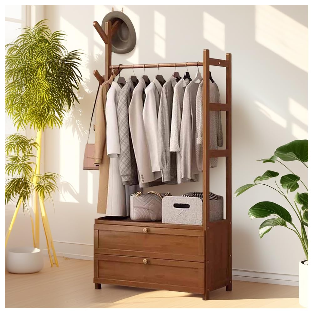 Bearqun Brown Wooden Coat Rack Stand, Coat Rack With Shoe Storage, With Shelves And Hooks, Aximum Load Of 100 Kg, Industrial Style, For Bedroom, Hallway And Entryway : 50/70/80/100Cmx30cmx158cm