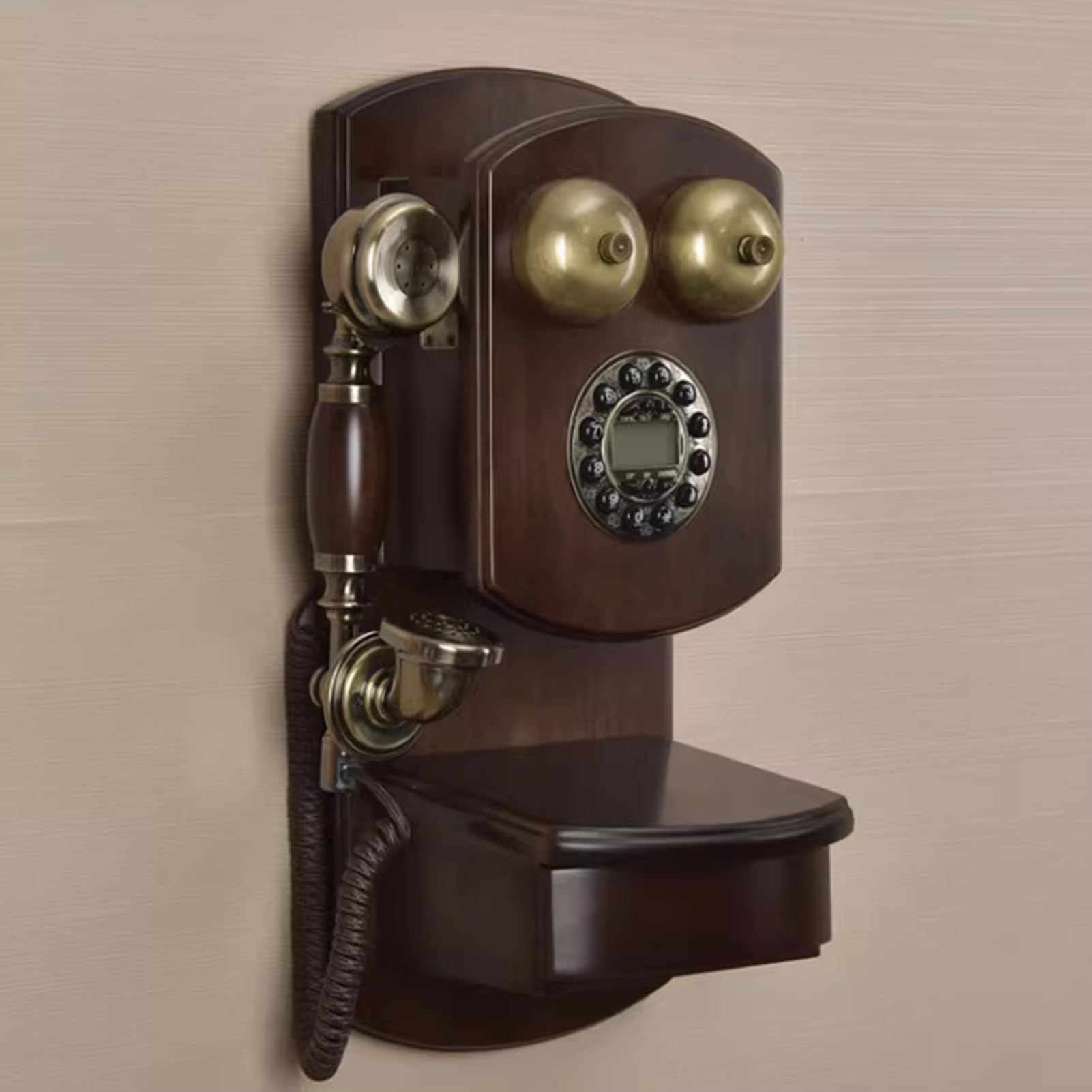 Telefon montowany na ścianie Telefon przewodowy w stylu retro Drewniany telefon domowy/biurowy Telefon stacjonarny Dekoracja w stylu vintage Telefon, czerwony(Brown)