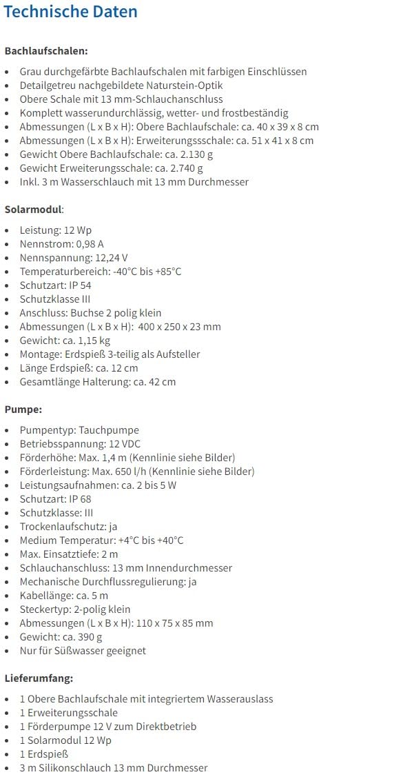 Esotec Bachlaufschalen-Set 2-teilig mit Solar-Pumpenset, Solar Bachlauf, Solar Teichpumpe 650 l/h 12 VDC, Wasserfall außen 101308