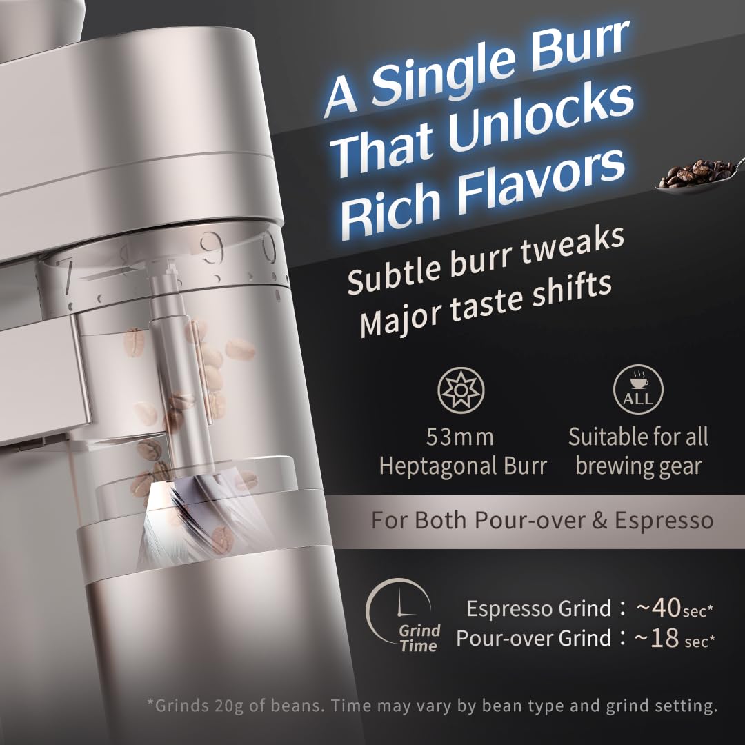 A5Molinillo de café eléctrico de muelas,versión con batería,negro | Recargable por USB, con muelas cónicas de acero inoxidable de 53 mm, para espresso y café de filtro
