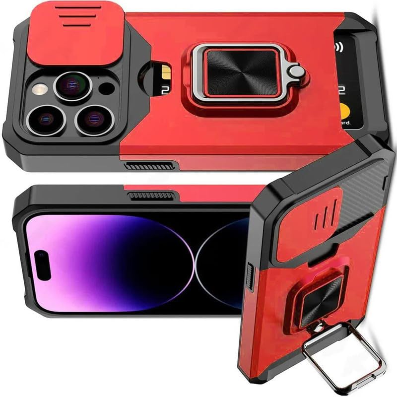 Image of LuxuryKase Shockproof Armor Case for iPhone 14 Pro Max | Slide Camera Cover | Hidden Card Slot | Rotating Ring Kickstand | Magnetic Car Mount Support | Military Grade Protection - Red