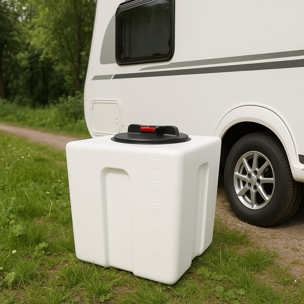KMND Wassertank 60 Liter - Weithalsfass Kunststoff PE-HD Wasserbehälter - Regentonne mit Hahn - lebensmittelecht Wohnmobil Futtertonne Eckig Sauerkrautfass - Made in EU - Weiss mit Hahn