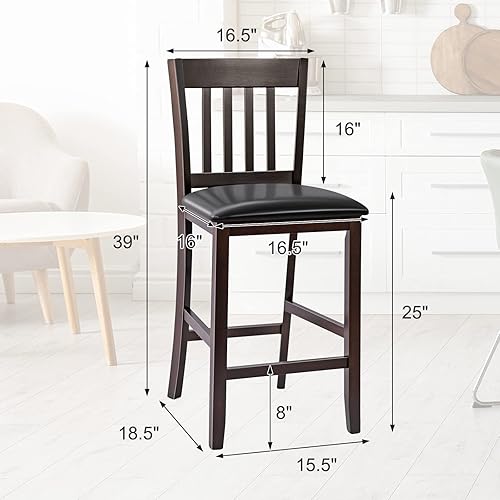 Miniatura 3 de COSTWAY Bar Stools Set of 2, 25” Counter Height Pub Chairs with Rubber Wood Legs, Armless Bar Chairs with Elastic Cushion & PU Cover for Kitchen,