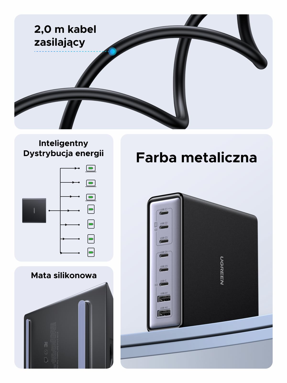 Ładowarka USB C UGREEN, zasilacz GaN 200 W, 8-portowa stacja ładująca, ładowarka PD 100 W, szybka ładowarka, obsługa wielu protokołów PPS, kompatybilna z MacBook Pro/Air M4, iPhone, serią Galaxy itp.