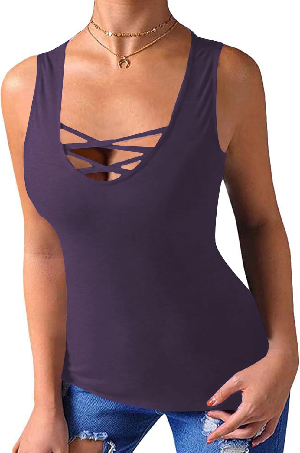 LYANER Women's Sexy Scoop Neck Cross Criss Sleeveless Bodycon Basic Tank Tee Shirts Tops