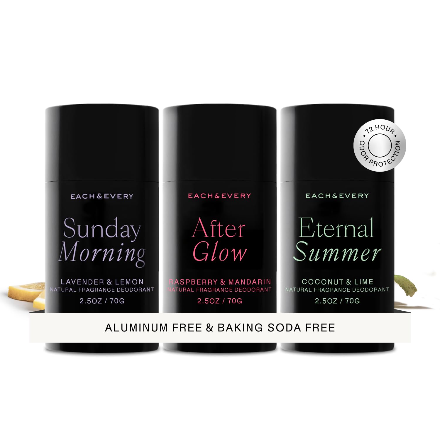 Each & Every Desodorante natural para mujeres y hombres, para pieles sensibles de origen vegetal, sin bicarbonato de sodio y aluminio, control de olores de larga duración, 24 horas