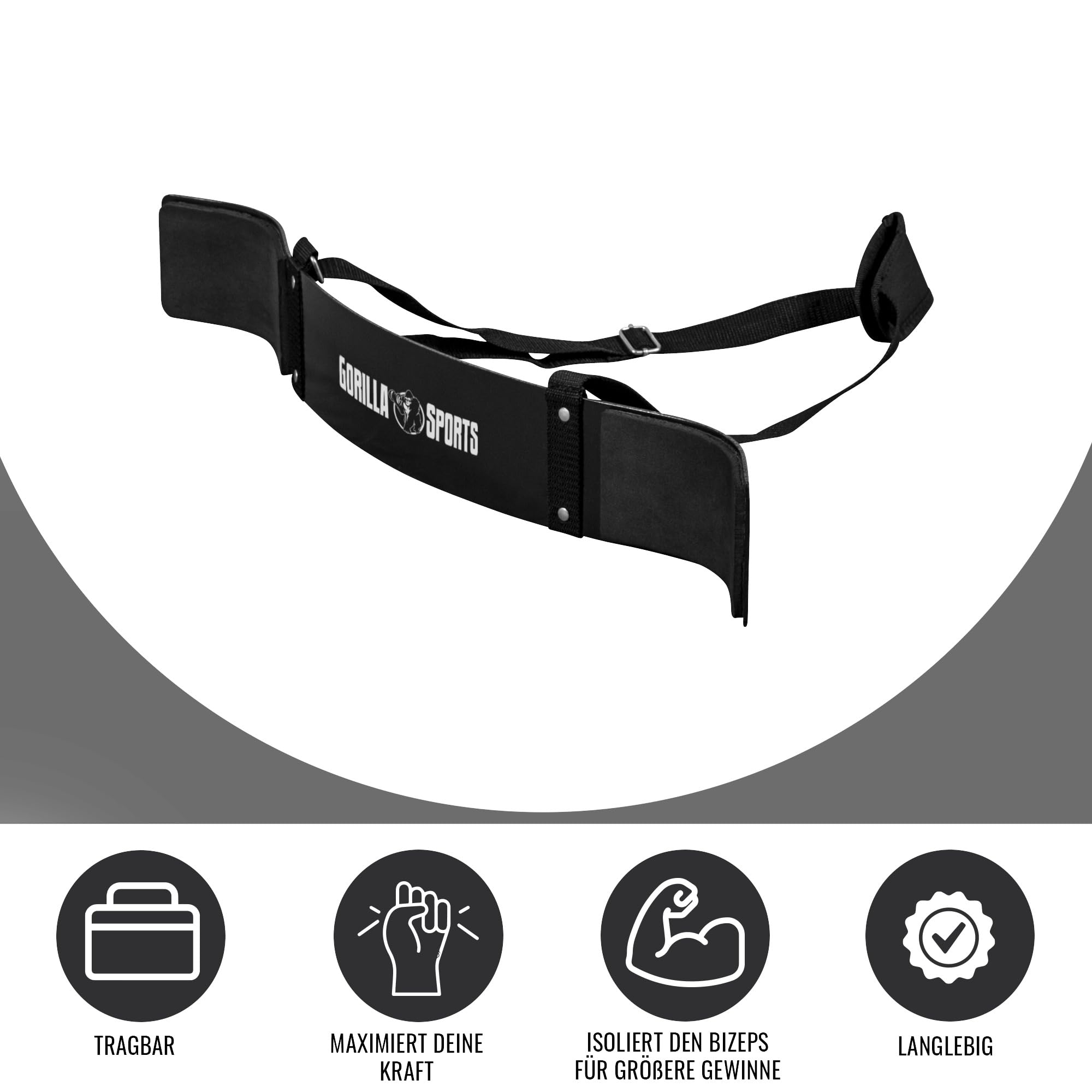 Gorilla Sports® Arm Blaster - Curl, Longeur 32-57cm, Néoprène, Acier, Noir - Isolateur de Biceps, Entraîneur de Bicep, Bomber, Triceps, Force Musculaire, Bras Muscle, pour Musculation, Fitness, Gym