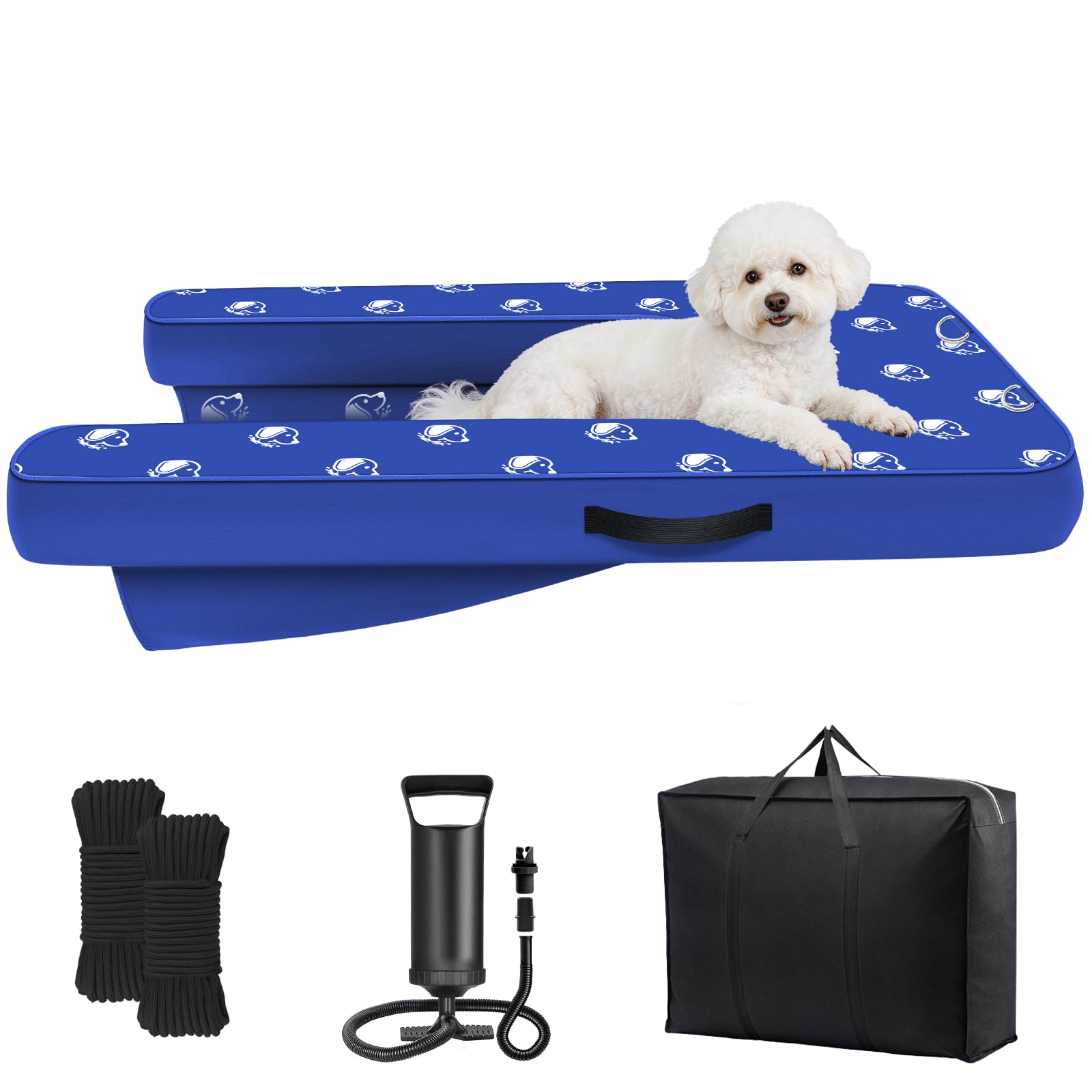 Photo 1 of Inflatable Dock Platform, Medium Dog Boat Ramp Floating Non-Slip Oxford and PVC with Small Water Ramp for Dogs Pool, Dock, Lake with Traction Rope, Manual Air Pump (3ft x 2ft x 4in) M02