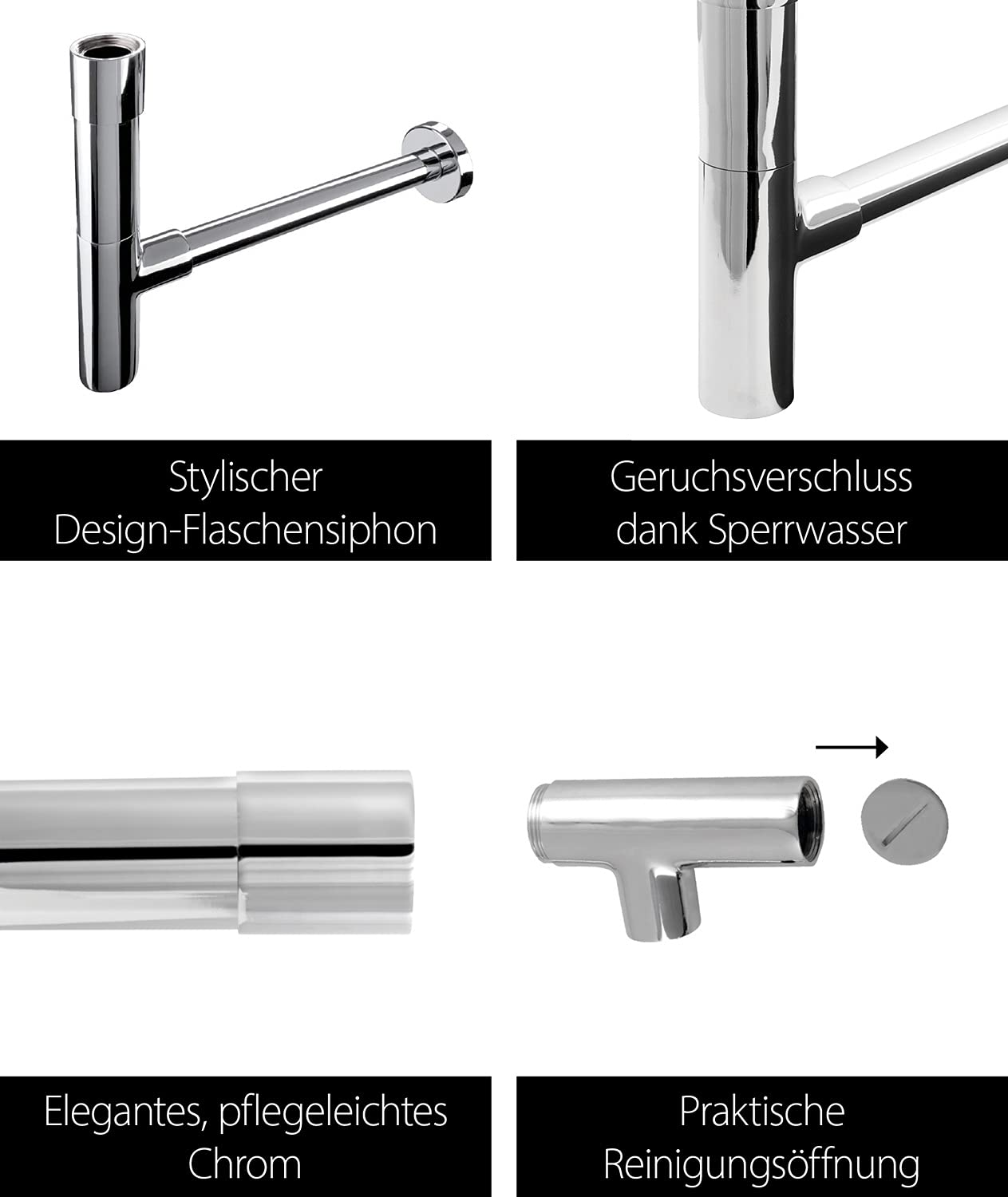 AquaSu Design Siphon Luxus | Flaschensiphon in 1 1/4 x 32 mm | Reinigungsöffnung | chrom | Geruchsverschluss für Waschbecken | runder Tassensiphon 300 mm Länge | Metall | 22686 8