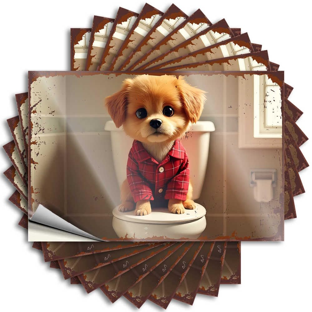 Tattoos Guest Durable Vinyl - Adorable Puppy in Pajamas Sitting On Toilet Tumbler for Farmers Use(8X12CM)