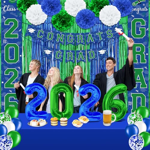 Image of Graduation Party Decorations Class of 2026, Graduation Decorations with Congrats Grad Banner Fringe Foil Curtain Paper Flower Ball Balloons for High School College Grad Party Supplies, Blue Green