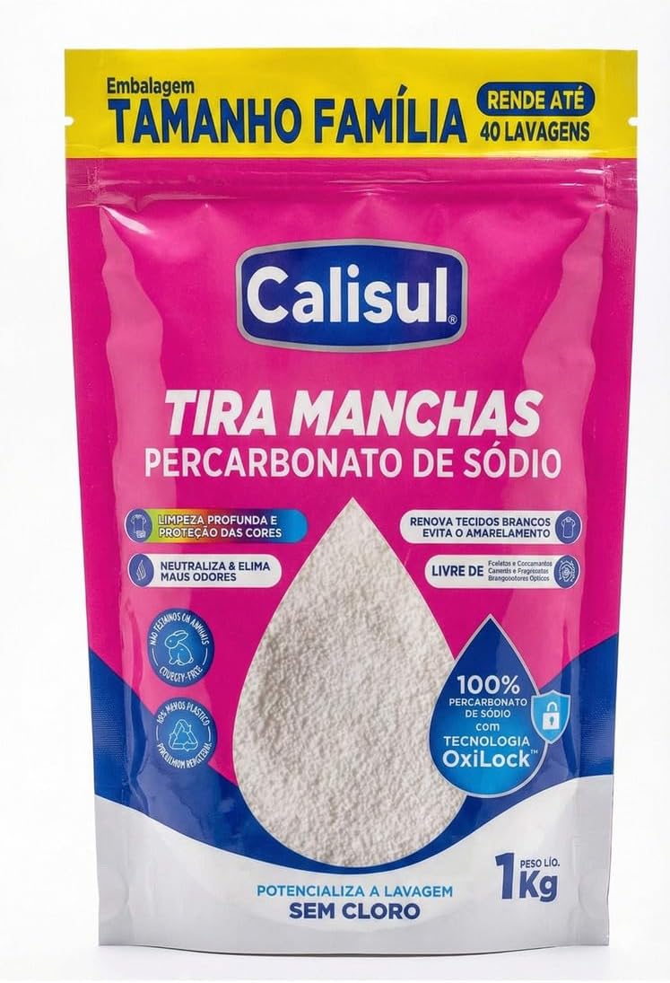Percarbonato de Sódio 1kg 100% Puro Tira Manchas em Pó Sem Cloro, Biodegradável e Seguro para Roupas Brancas, Coloridas e Limpeza Doméstica Calisul