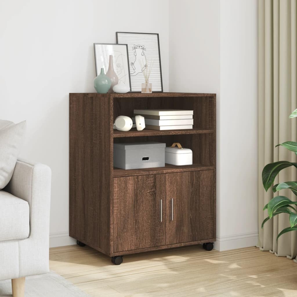 Brokky Armadietto con Ruote Rovere Marrone 60x48x81 cm in Truciolato-Carrello Porta Stampante,Mobiletto con Ruote,Supporto per Stampante in Legno,Classificatore per Documenti per Studio,Ufficio