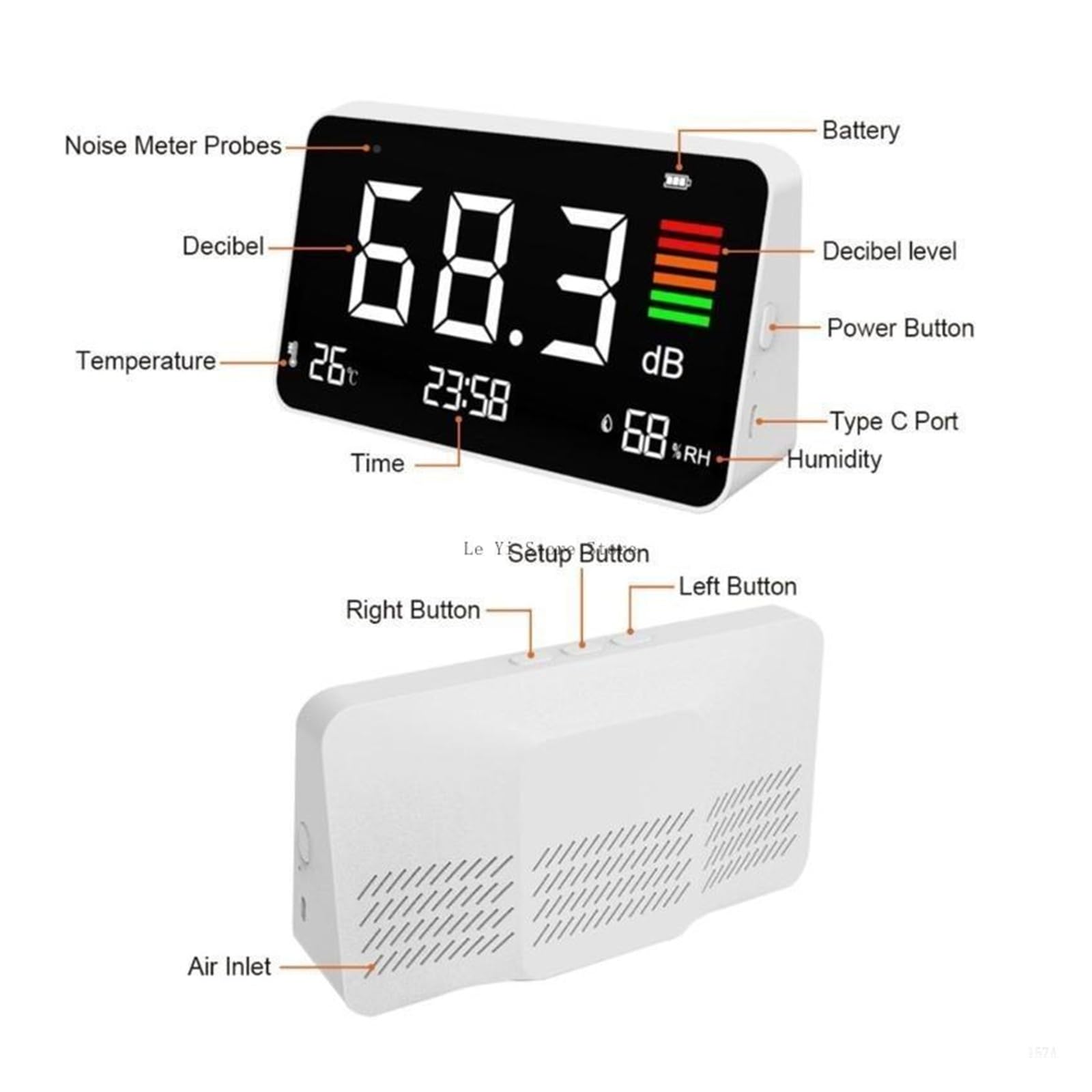 Sonómetro de escritorio de 30-130 dBA, medidor de decibelios con pantalla de temperatura y humedad, recargable.