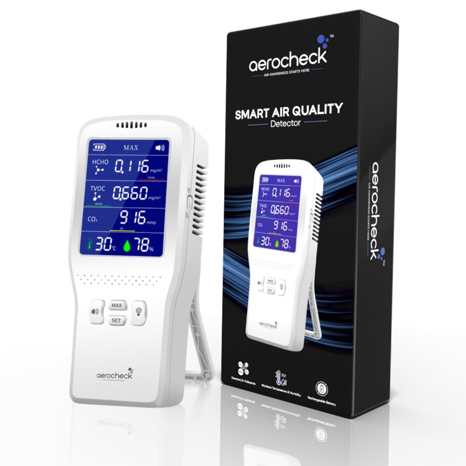 Portable Air Quality Monitor for Home & Office | Digital AQI Meter | Real-Time CO2, HCHO, TVOC, Temperature & Humidity, Air Pollution Detector | 2000mAh Rechargeable Battery