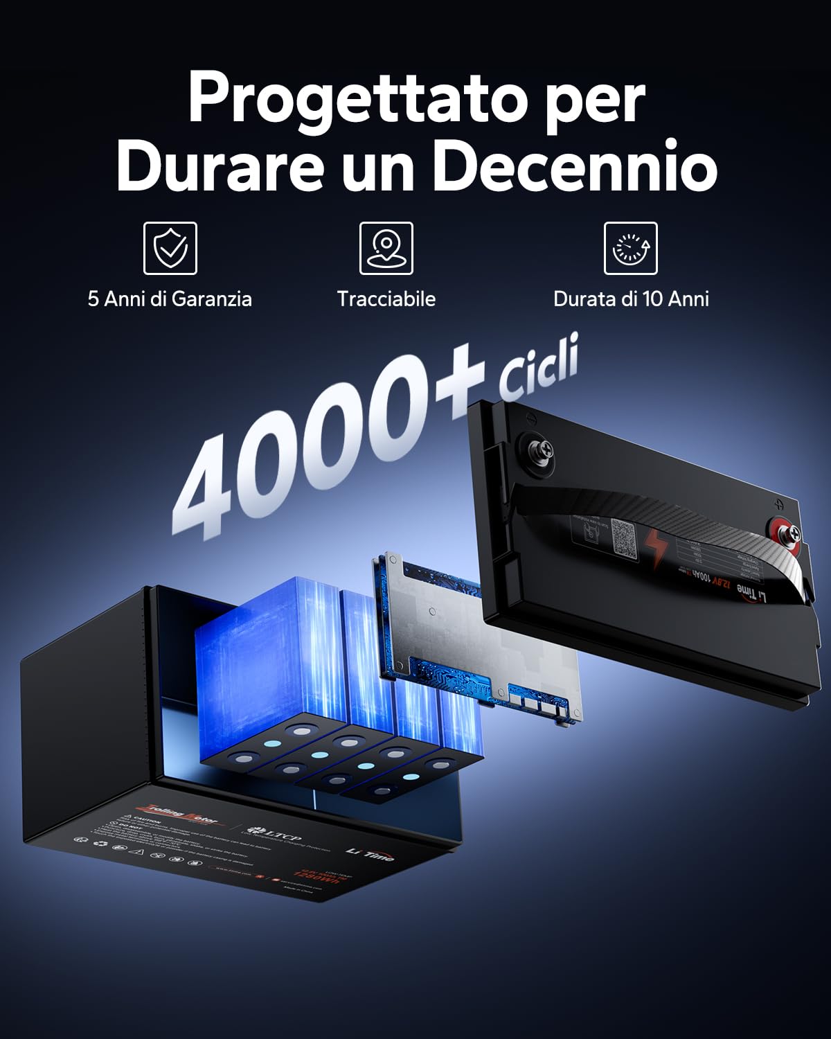 LiTime Batteria al Litio 12V 100Ah per Barche, Batteria LiFePO4 con Protezione Bassa Temperatura, 4000-15000 Cicli Profondi, Energia 1280Wh, Perfetta per Motori da Traina, Nautico, Yacht