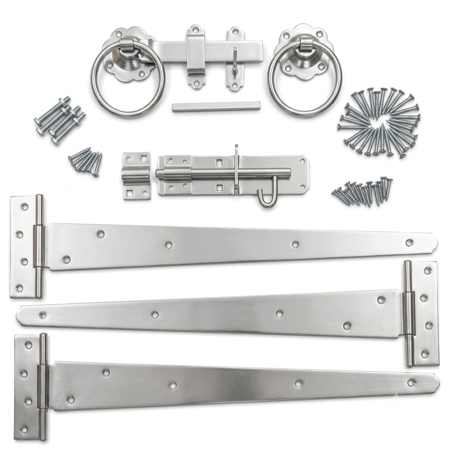 Heavy Duty Silver Gate Hardware Kit with 18" 3 Strap Hinges, Ring Pull Handles, Brenton Bolt, Latch Catch & Fixings for Wooden Garden Gates and Shed Doors