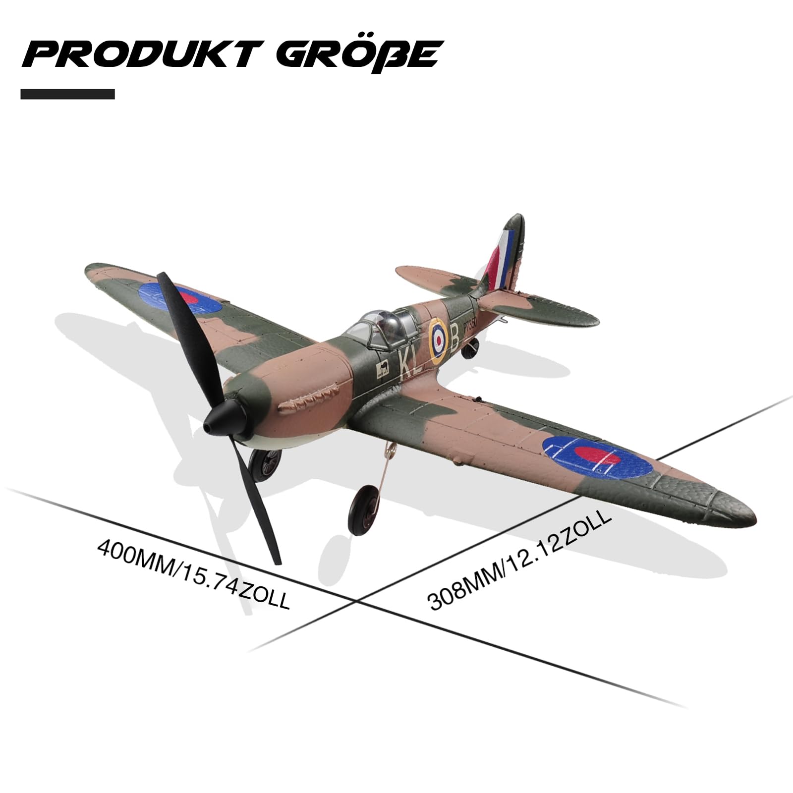 Fremego RC Flugzeug,Spitfire 2.4G 4 CH Ferngesteuertes Flugzeug RTF Kunstflug Warbird Flugzeuge Spielzeug für Kinder Anfänger Erwachsene mit 6-Achsen Gyro Stabilisierungs System 761-12