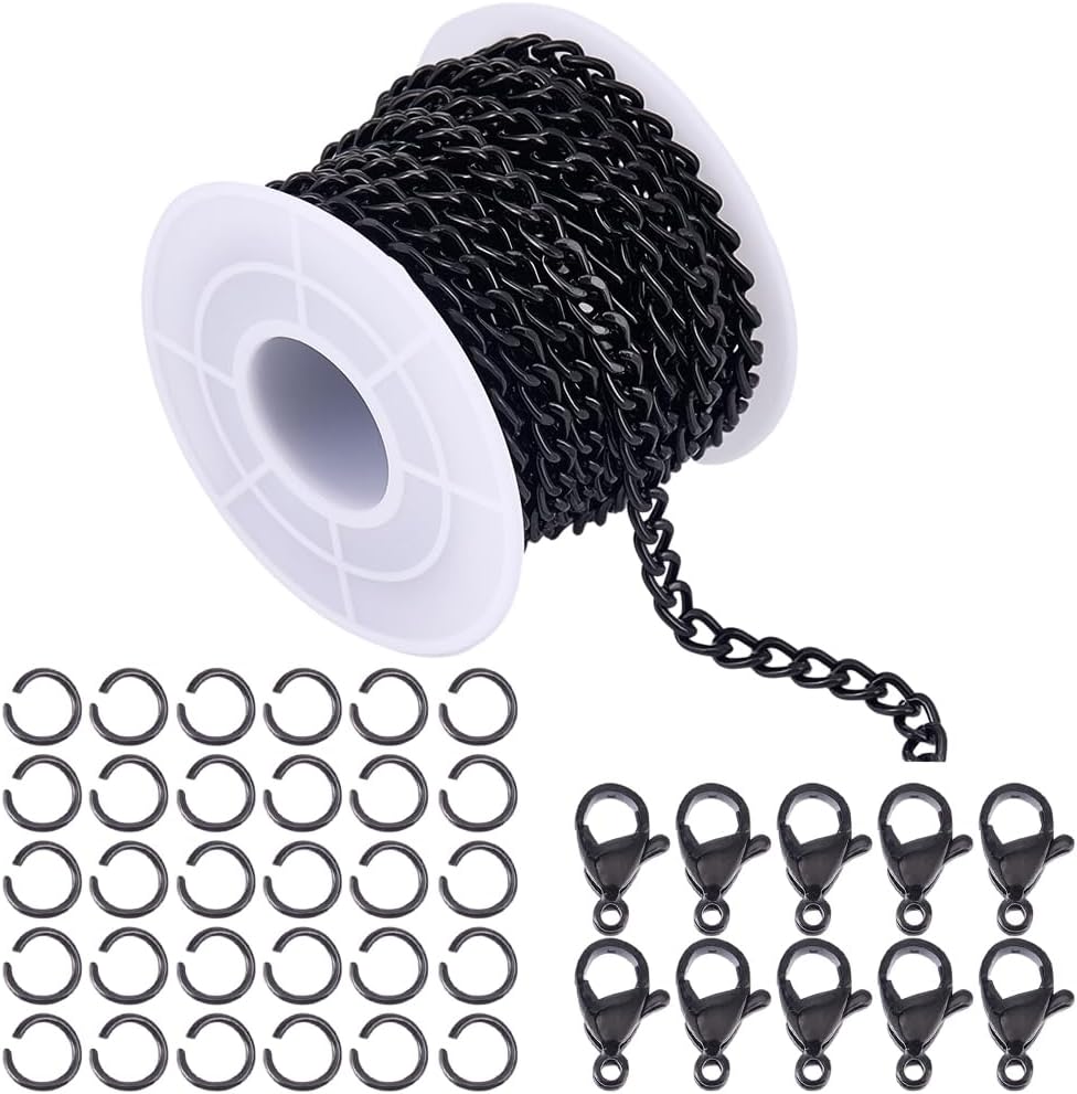 16.4ft Aluminum Curb Chains 5mm Wide Metal Craft Chain Link Spool with 10 Lobster Clasps and 30 Jump Rings Unwelded for Clothes Jewelry Making Necklace Bracelet DIY Findings (Silver)