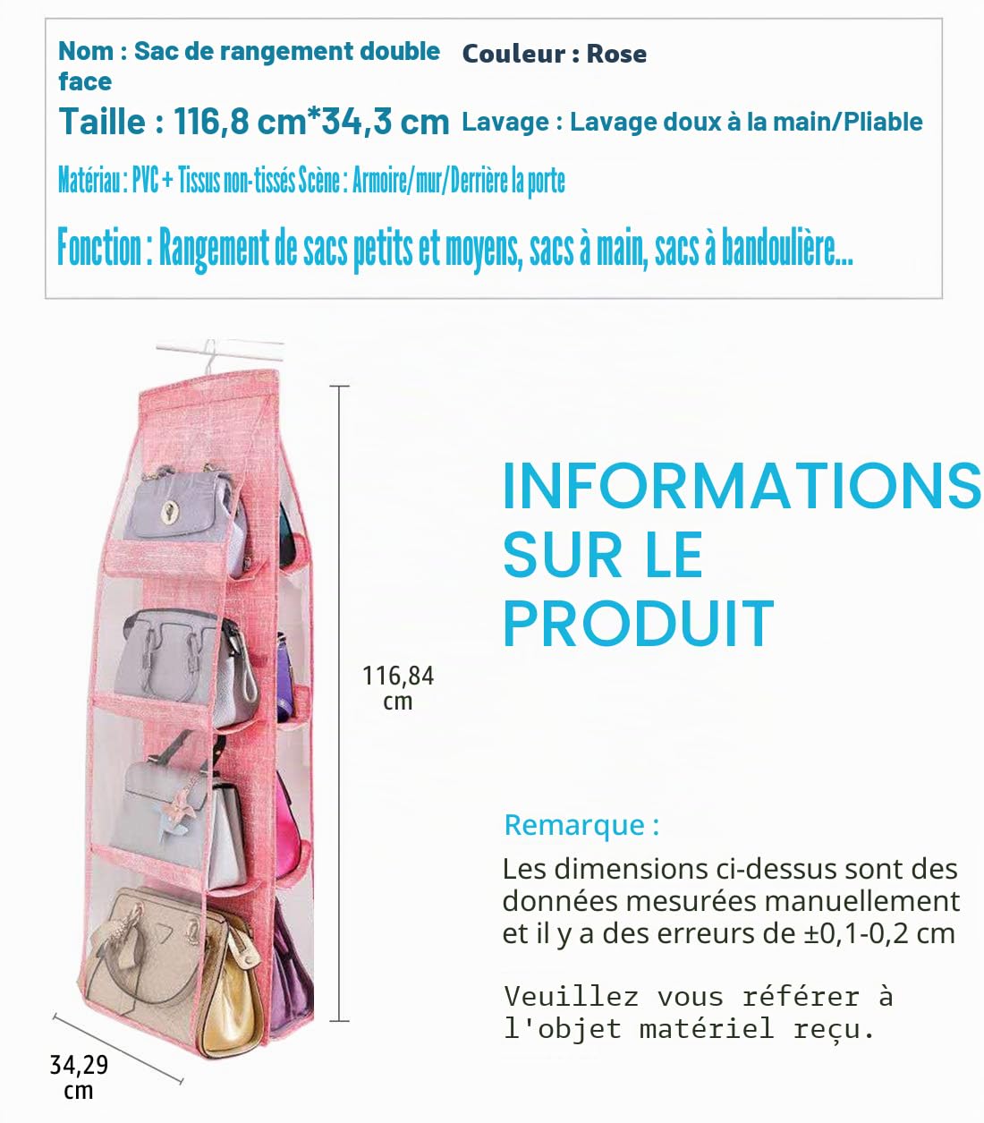 AARAINBOW Organiseur de sac à main en fibre de polyester respirant et PVC, 8 poches accessibles, rangement economisant l'espace pour placard, lavable, 46 L x 13,8 W (D-Rose)