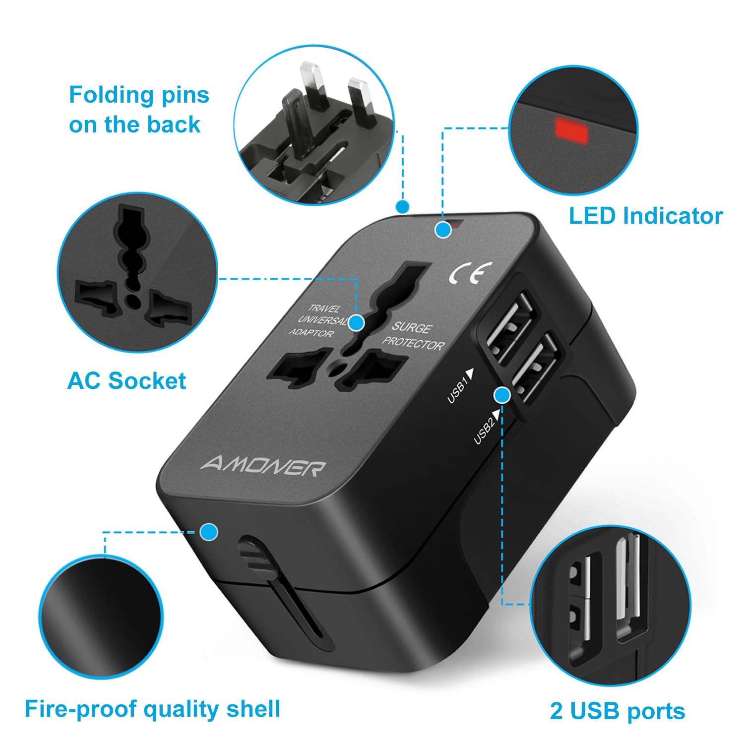 Adattatore da Viaggio, Amoner Adattatore da Viaggio Universale con 2 Porte Caricabatterie USB Adatto per più di 180 paesi (Nero)