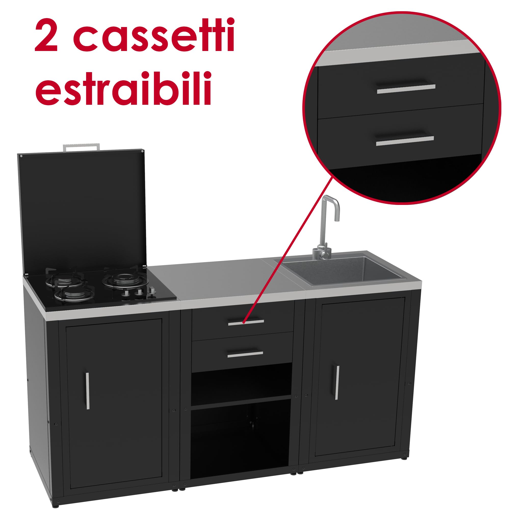 Set cucina da esterno a gas 3 elementi con lavello, rubinetto e tagliere con 2 cassetti estraibili - struttura in acciaio e piano in acciaio inox - Nero