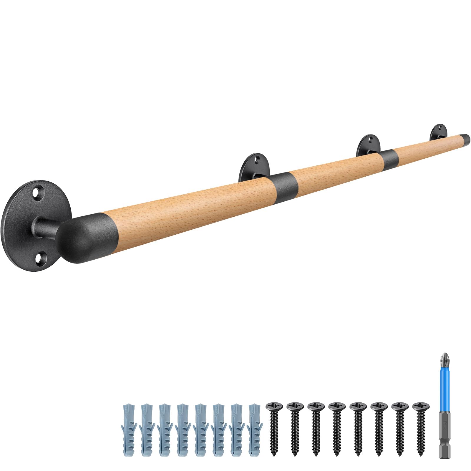 set 3 SELEWARE 1.5-6 ft Wood Handrail Indoor Stairs Handrail Wall Mount Handrail w/Sturdy Metal Barckets, Barrier-Free Staircase Grab Bar for Elderly, 1.3 Inch Round 75 inch Long