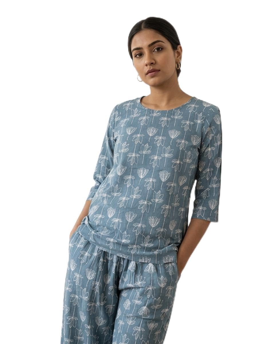 Women's Blue Floral Print Cotton Nightsuit with 3/4 Sleeves-picture-35