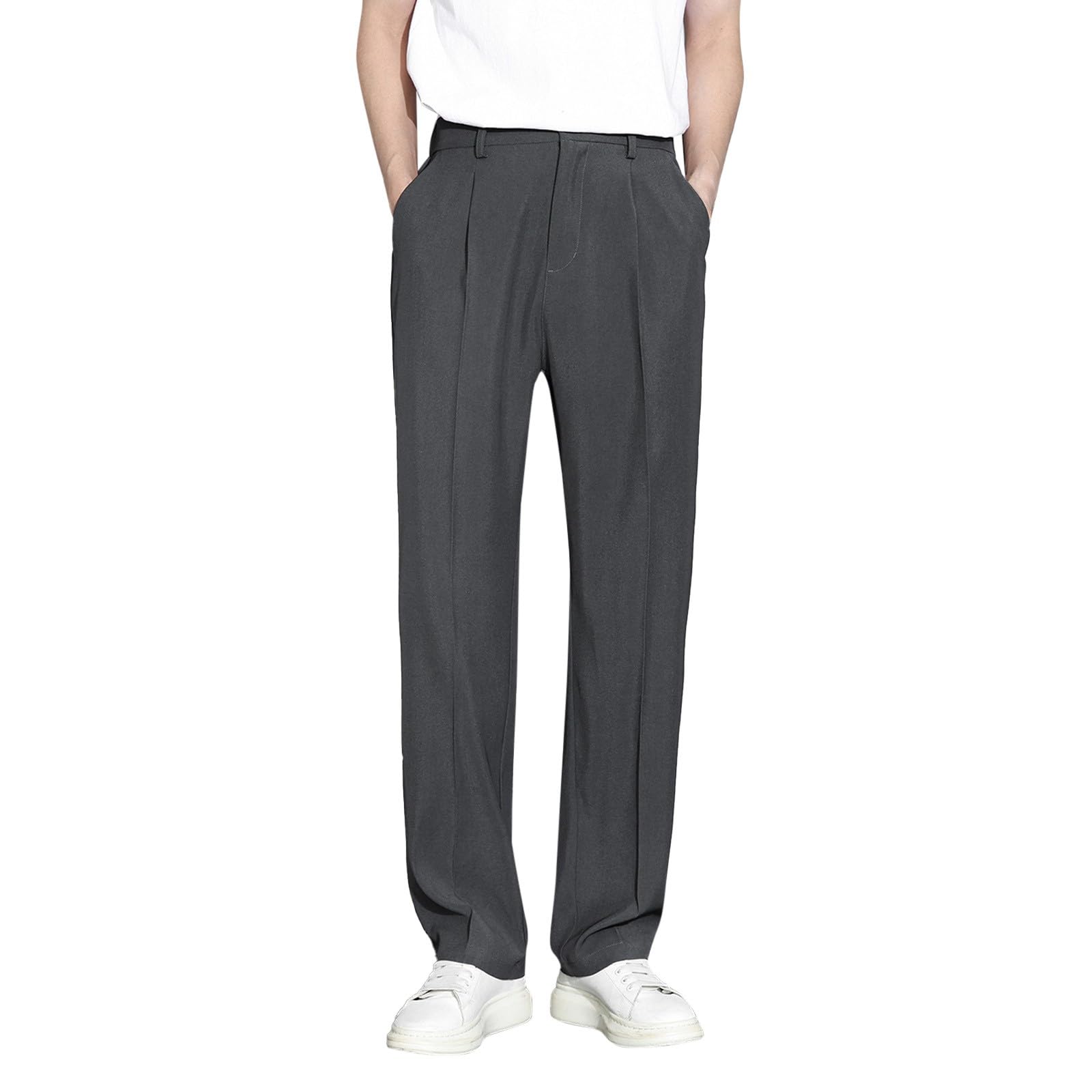 Men Dress Pants Casual Expandable Waist Front Suit Pants Pleated Stretch Straight Leg Trousers with Pockets