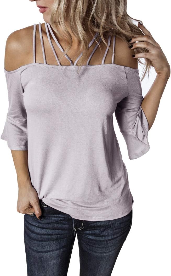 Hilltichu Womens Spaghetti Straps Cold Shoulder Shirts Casual Half Sleeve Tops Gray