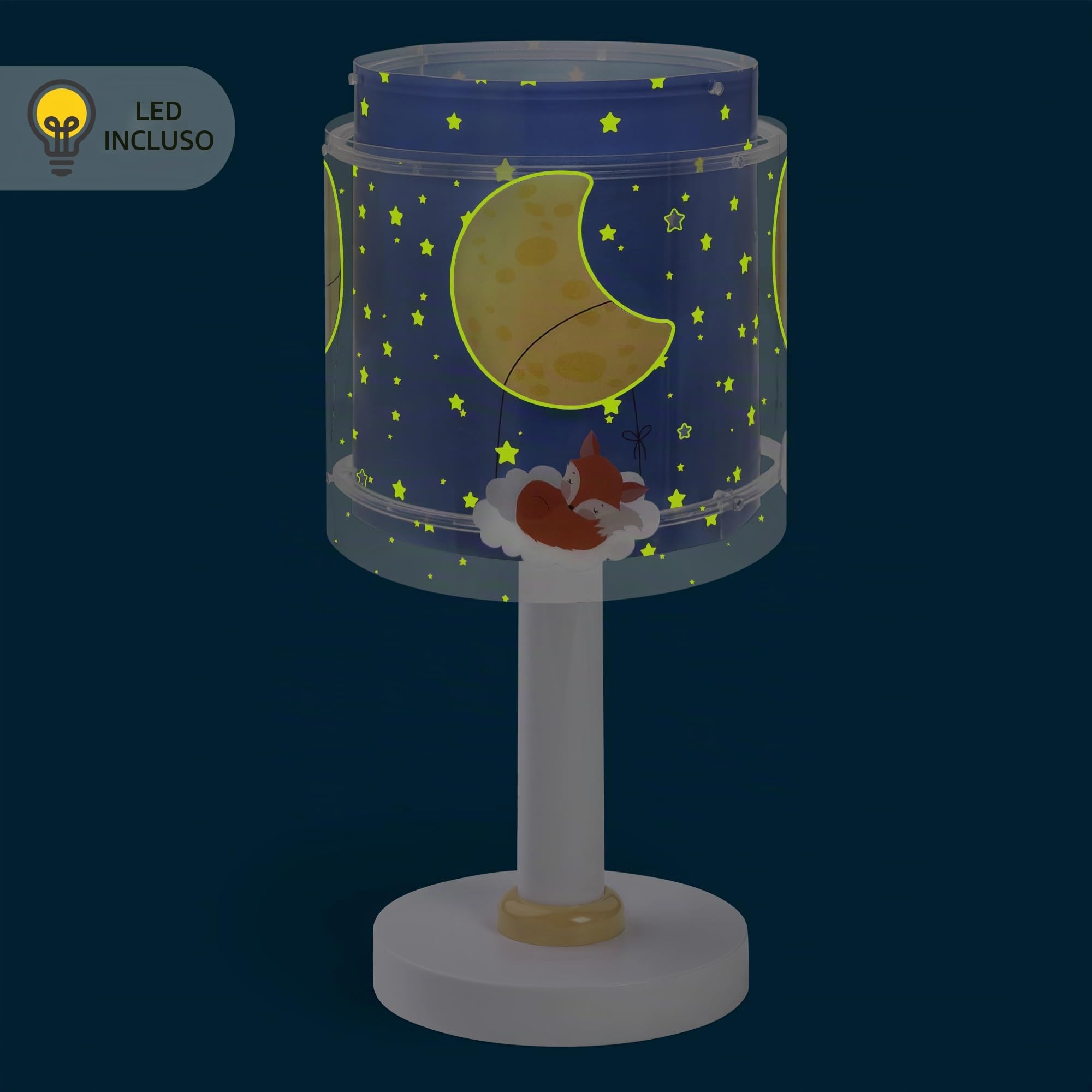 Dalber Lampada da tavolo per bambini, luce da comodino e da notte Moon Dreams animali luna nuvole stelle blu, 76631, G4-4W LED - Lampadina inclusa