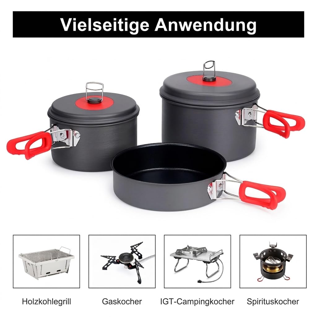 ALocs Camping-Kochgeschirr-Set, leichte Aluminiumtöpfe und -pfannen mit antihaftbeschichteter Bratpfanne, kompaktes, stapelbares Camping-Kochset zum Wandern, Trekking und Kochen im Freien