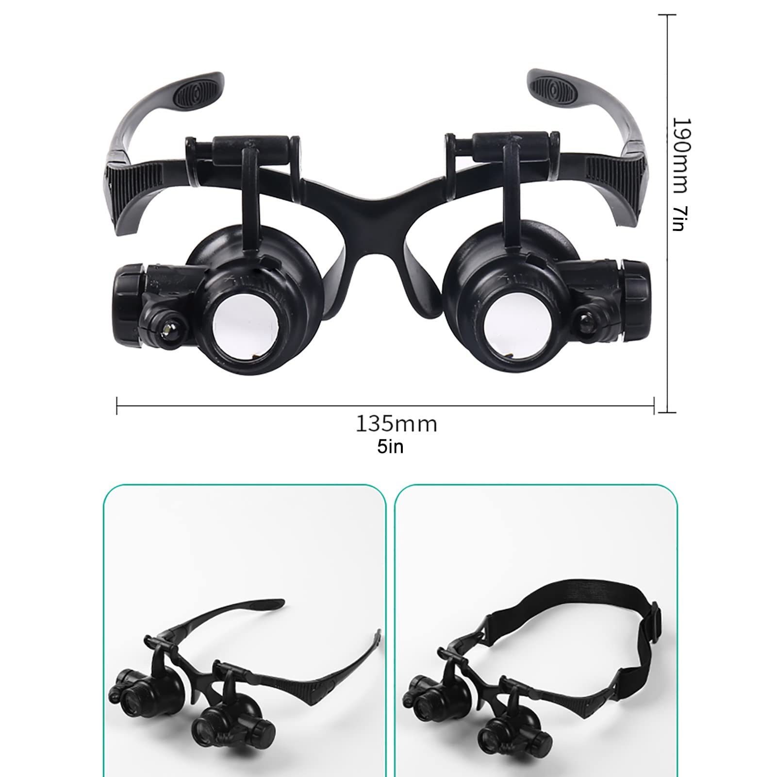 BAFAFA Lupenbrille Kopflupe Mit Licht Reparaturlupe Hilfe Für Präzises Arbeiten, Reparatur Inspektionslupe LED-Licht Für Alte Männer, Schmuck, Identifikation, Uhren, Reparatur