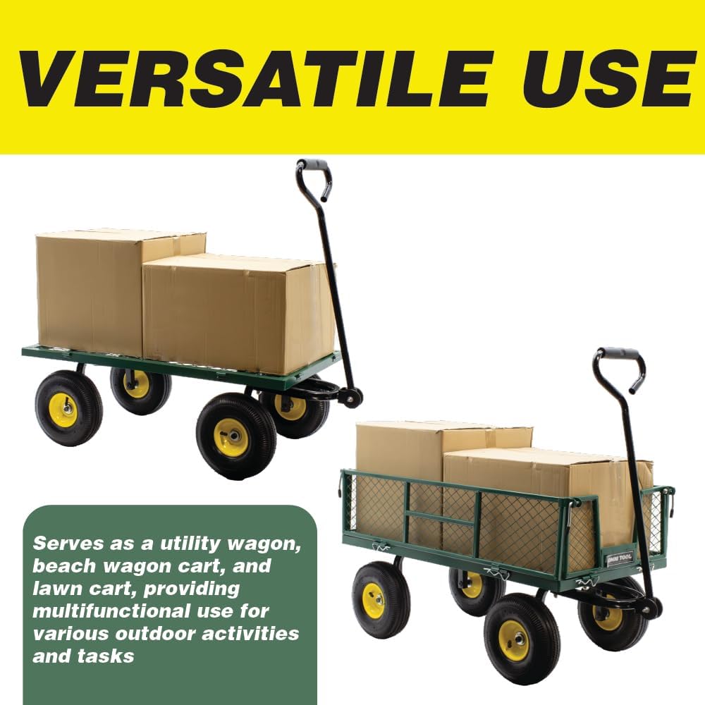 Lauco Garden Cart Heavy Duty Steel with Removable Mesh Sides to Convert into Flatbed, Utility Carts with Wheels, Yard and Garden Wagon, 600 Lb, Green