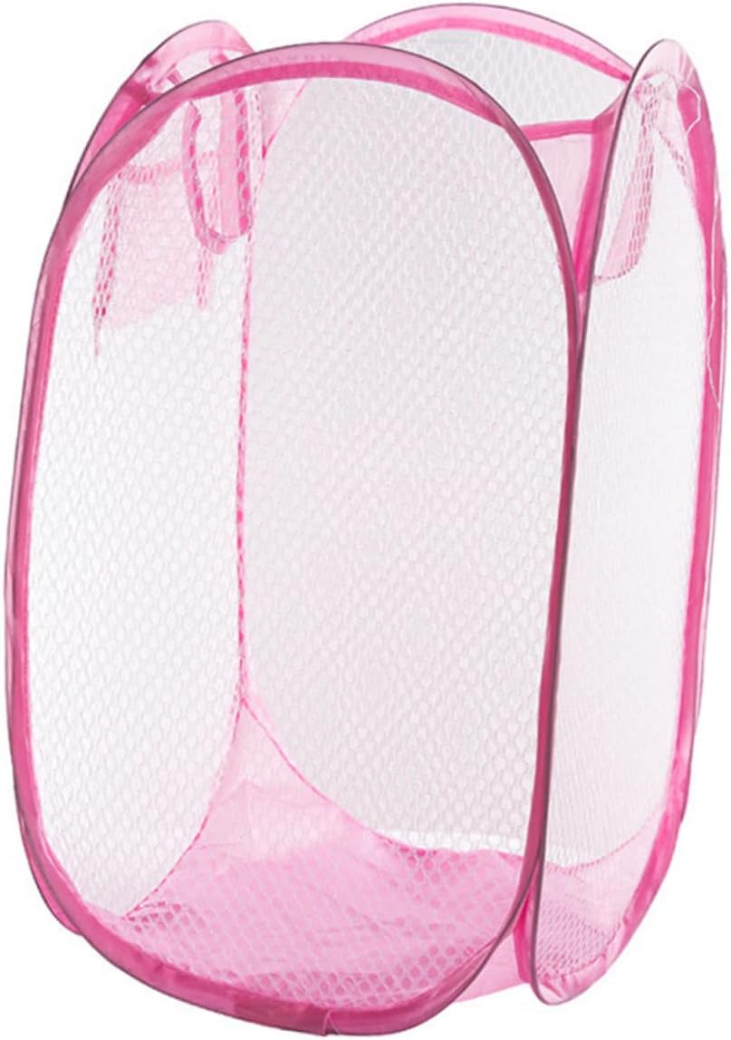 Pink Foldable Laundry Hamper Basket with Side Pocket Storage | Mesh Nylon and Steel Wire Build, Pop up Design, Holds a Full Load, for Office and Small Apartments