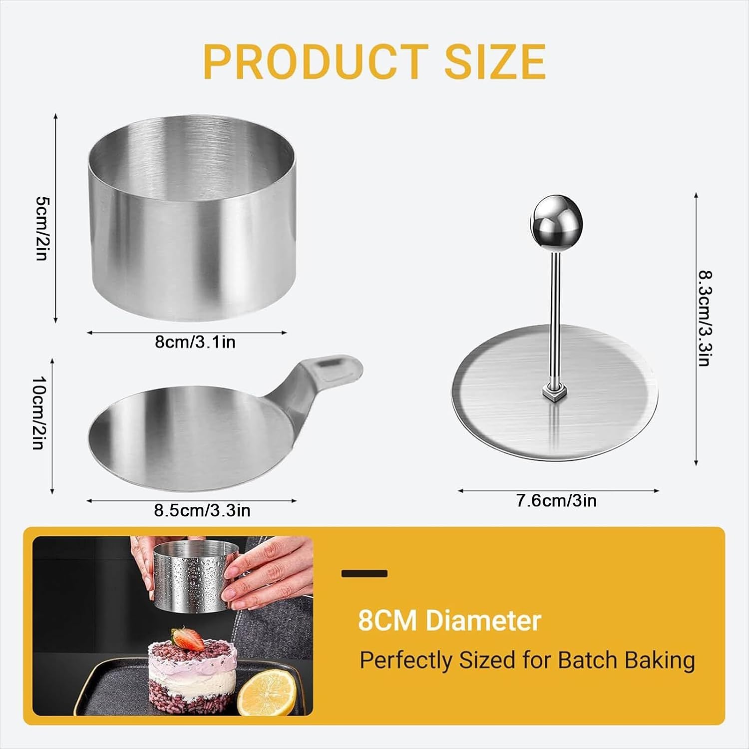 Cake Rings for Baking | Stainless Dessert Mould Set - with Pusher and Lifter 3in Diameter Non-Stick Mousse Cake Ring Mold - for Oven Dishwasher Bread Pumpkin Pie Muffin Cheesecake Baking