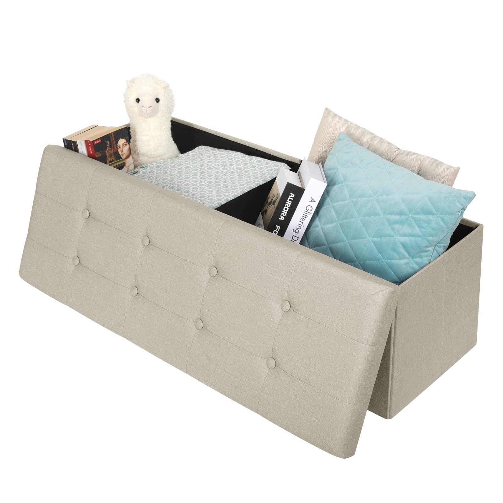 WOLTU Taburete con Espacio de Almacenamiento Caja de Tapa extraíble, Resto de Lino tapizado, 110x37,5x38 CM, Beige,