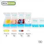 Ezy Dose Hebdomadaire7-Day) Organisateur de pilules, cas de médecine X-Grande, vitamine bleue/claire & Planificateur de compléments, compartiments à bouton-poussoir, pratique & Facile à utiliser, Amies des voyages, sans BPA