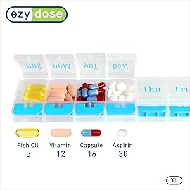 EZY DOSE Weekly (7-Day) AM/PM Daily Pill Organizer, Vitamin Case, and Medicine Container, X-Large Compartments, Arthritis Friendly, Convenient with Effortless Portability, Clear/Blue Lids, BPA Free