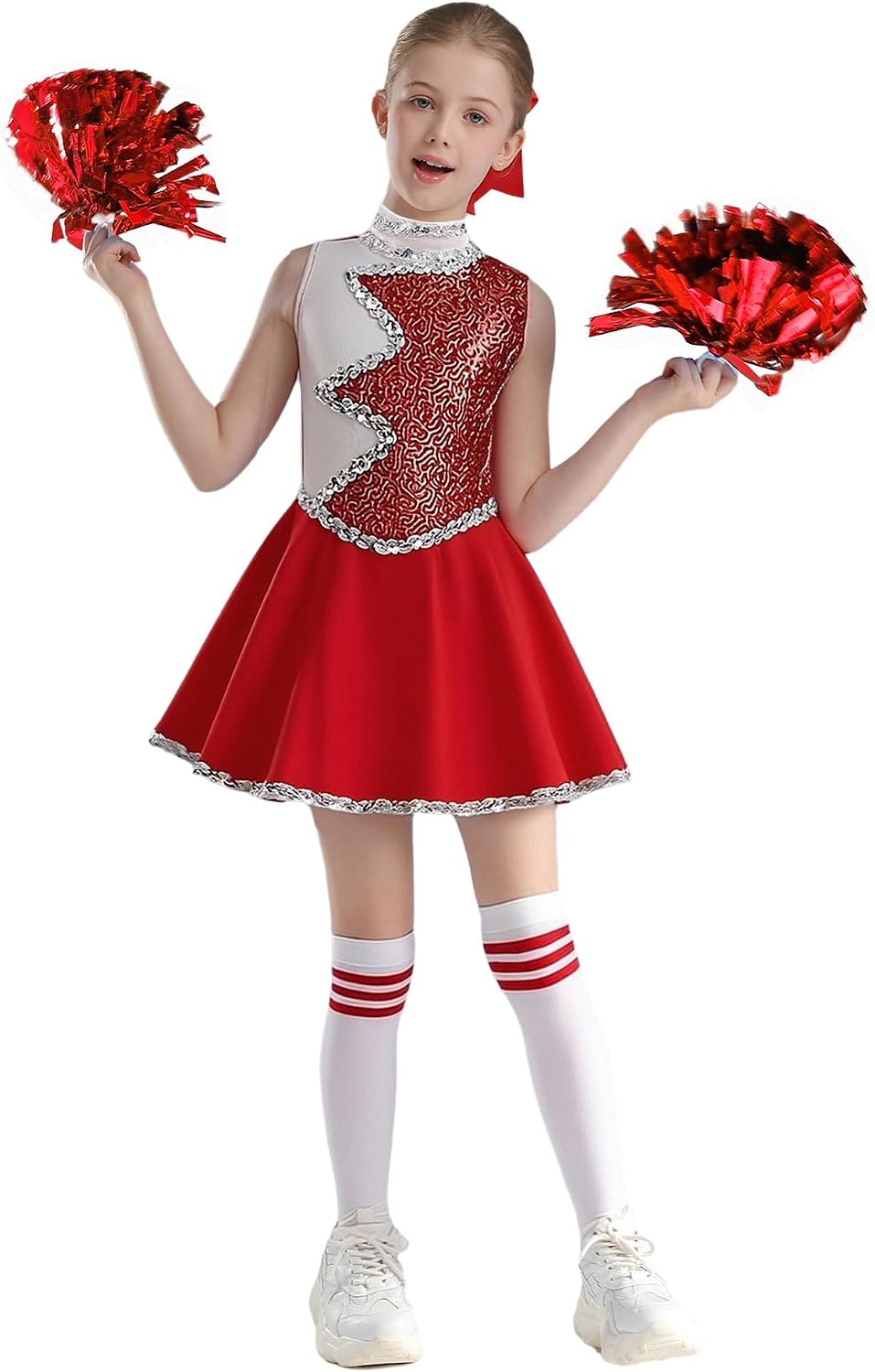 Hansber Girls Cheerleading Outfit Cheer Leader Uniform Dress Headwear Pom-pom Socks for Stage Performance