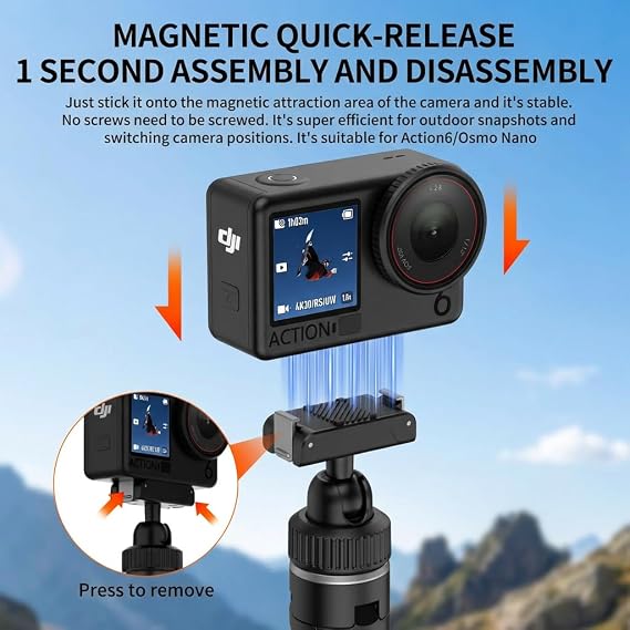 Magnetic Quick-Release Extension Tripod for DJI Osmo Action 6 and Nano, Aluminum Alloy, 15.7 Extendable Pole, Black, with Anti-Slip Silicone Foot Pads