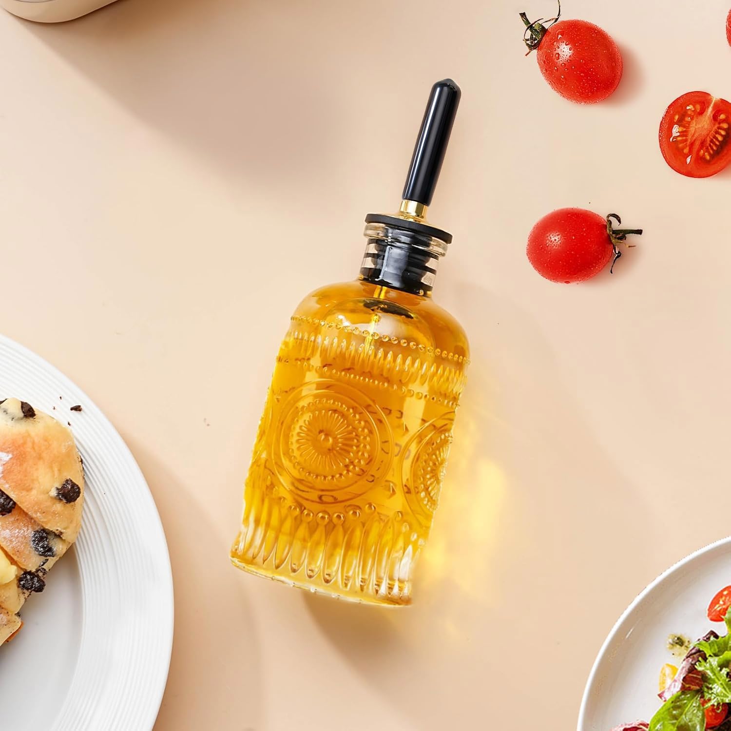 gegewawa Butelka z dozownikiem oliwy z oliwek do kuchni z metalową wylewką, dozownik syropu kawowego, 200 ml, elegancki szklany dozownik oleju kuchennego do kuchni