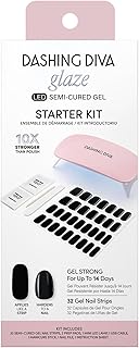 Dashing Diva Glaze Nail Starter Kit - Real Black - Long Lasting, Chip Resistant, Semi-Cured Gel Nail Strips - 7-Piece Manicure Set with 32 Strips and Mini LED Lamp