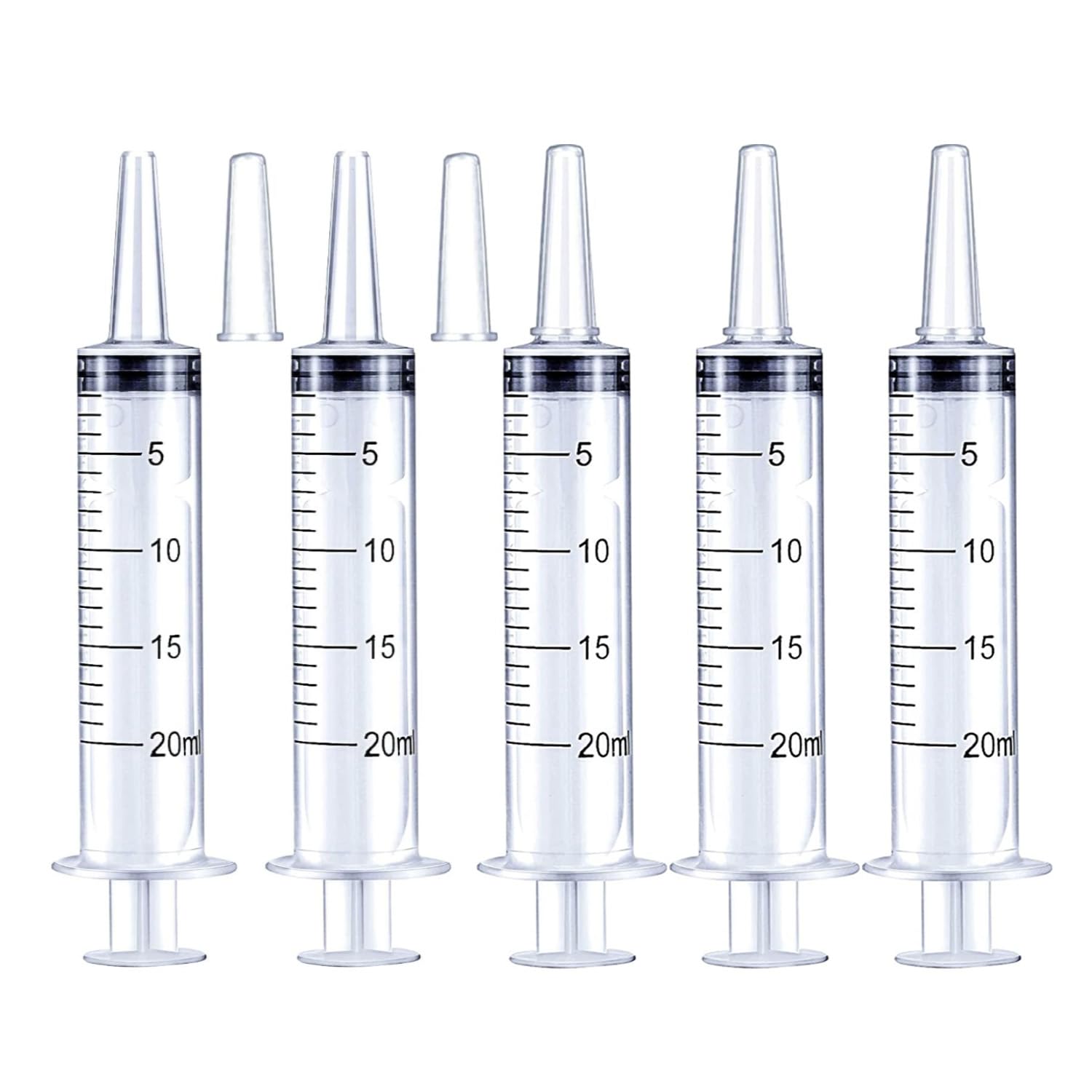 Paquete de 5 jeringas de plástico de 20 ml con tapas para medición de líquidos, oral, laboratorios científicos, alimentación de mascotas, aplicador de aceite o pegamento, fiesta de Halloween, estéril