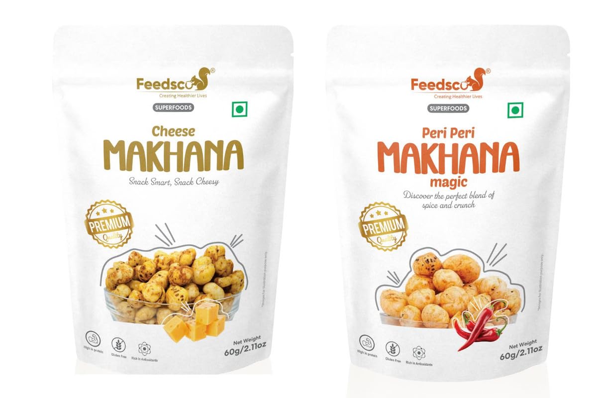 Makhana Delight Cheese & Peri Peri – Roasted Foxnuts Snack – Spicy & Healthy Crunchy Lotus Seeds – Pack of 2 x 60gm Each