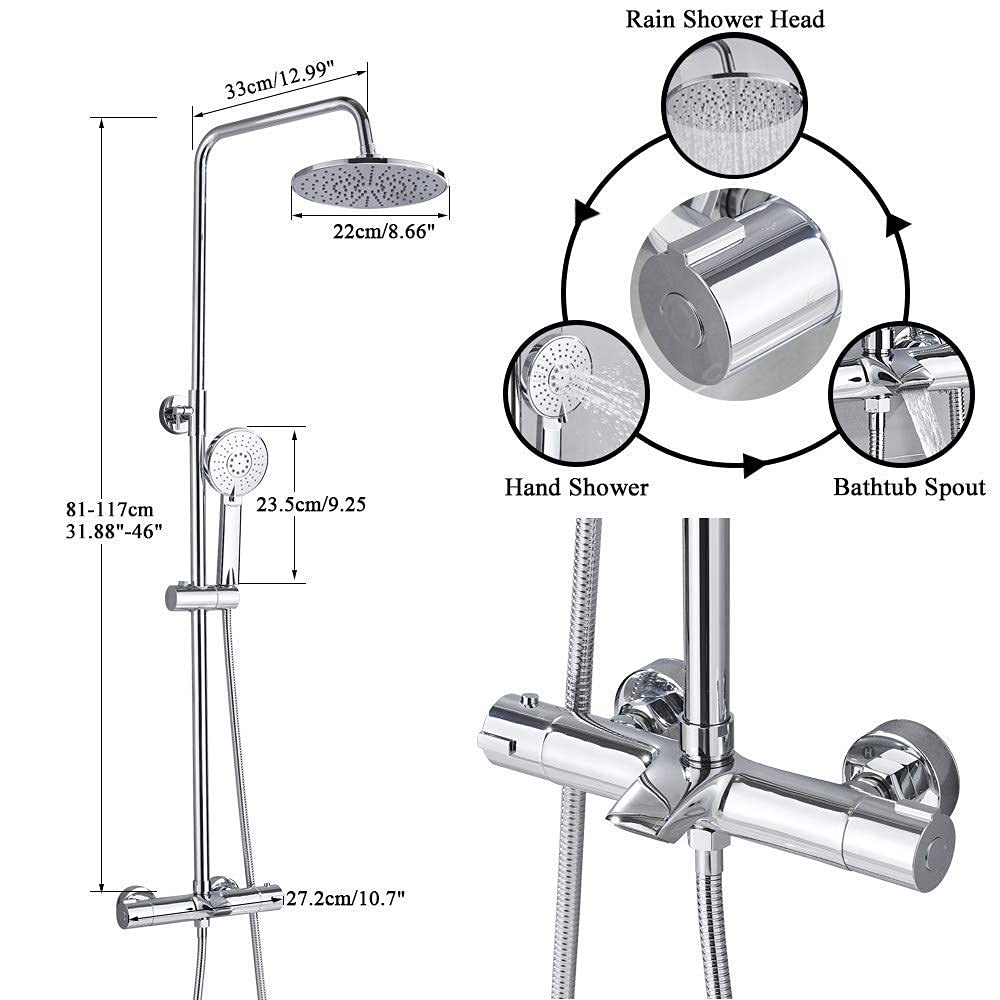System prysznicowy Bateria łazienkowa Chrome Deszczownica Głowica termostatyczna do wanny Ścienna wanna Prysznic Mixer Tap Bateria prysznicowa Zestaw prysznicowy, Termostatyczny czarny