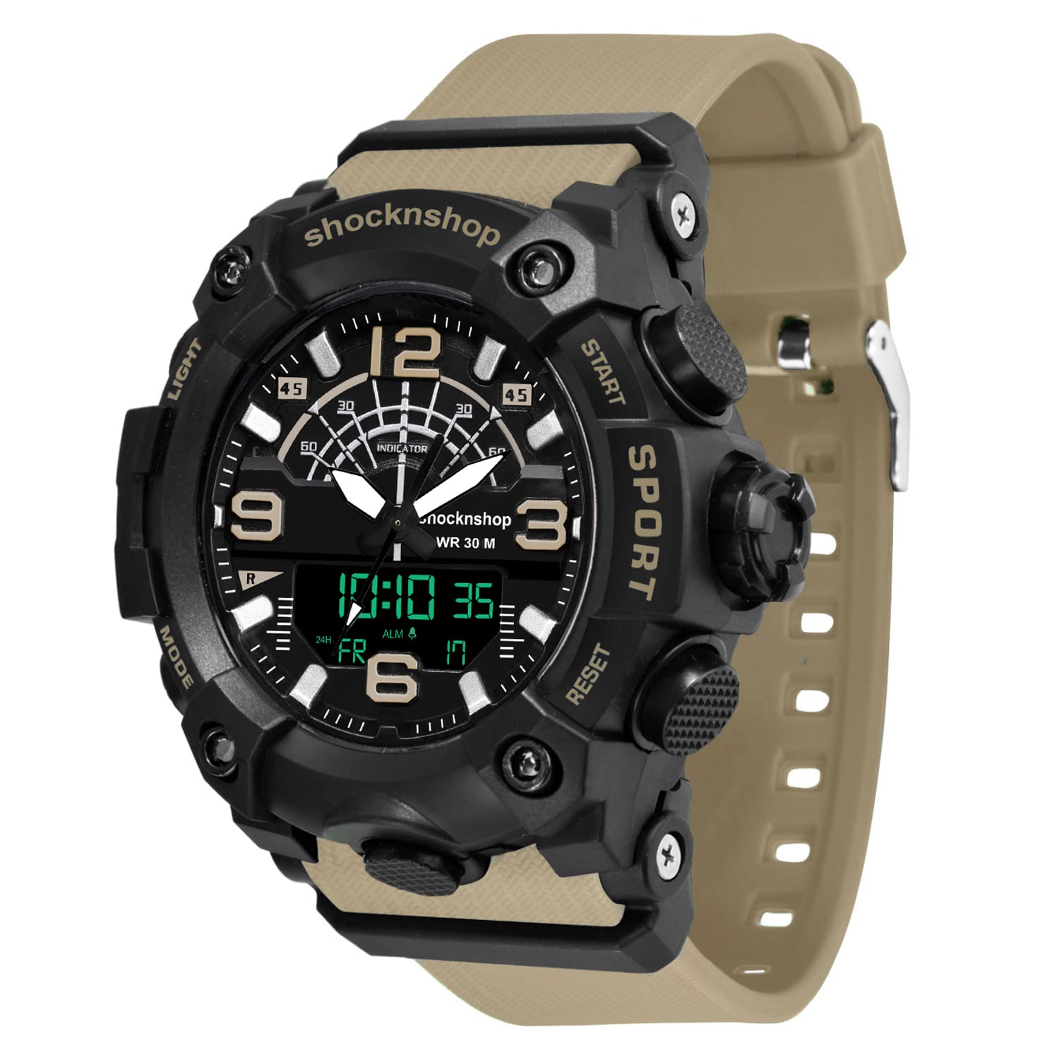 Shocknshop Silicone Analog Digital Watches Sports Multifunctional Men Watch For Men And Boys (Black Dial And Beige Strap) -W02, Beige Band (B0BPSCH2HT) Amazon Price History, Amazon Price Tracker