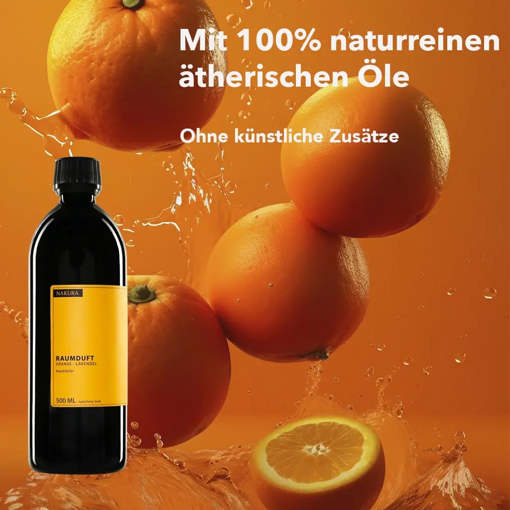 NAKURA® Bio Refill ORANGE – LAVENDEL 500 ml – Nachfüllflasche für Reed Diffuser & Raumspray – Violettglas – inkl. 15 Diffuserstäbchen – 100% naturreine ätherische Öle, ohne synthetische Duftstoffe